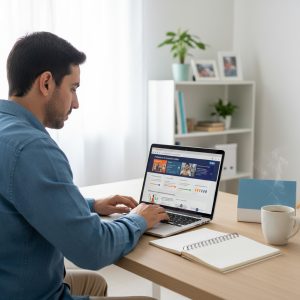 Autónomo realizando cursos online gratis SEPE desde su portátil en un entorno de trabajo moderno.